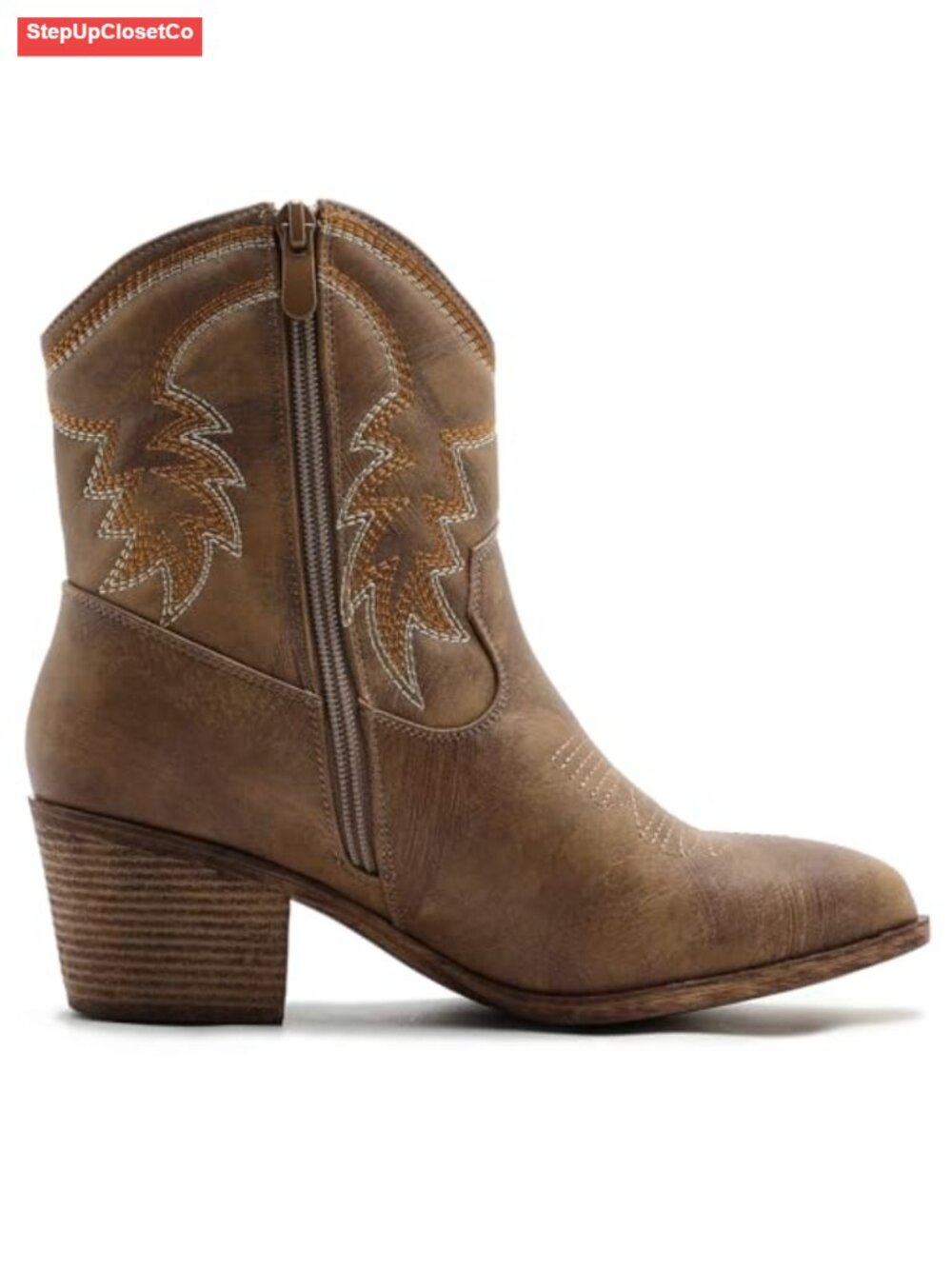 Women's Ankle Cowboy Boots with Embroidered Stitching Low Heel Western Boots - Picture 3 of 6